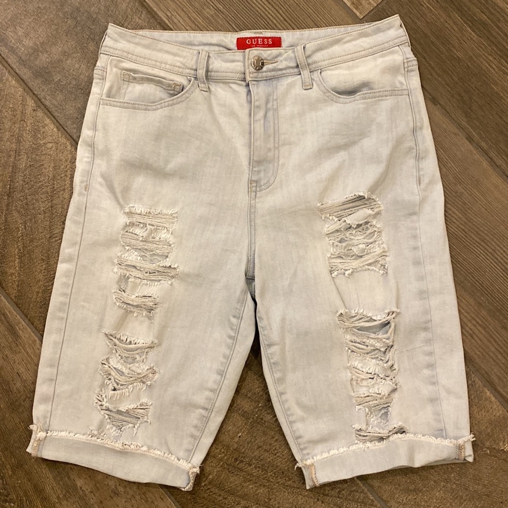 GUESS Womens 28 Distressed Light Wash Bermuda Denim Shorts High Rise Jorts - Picture 4 of 12